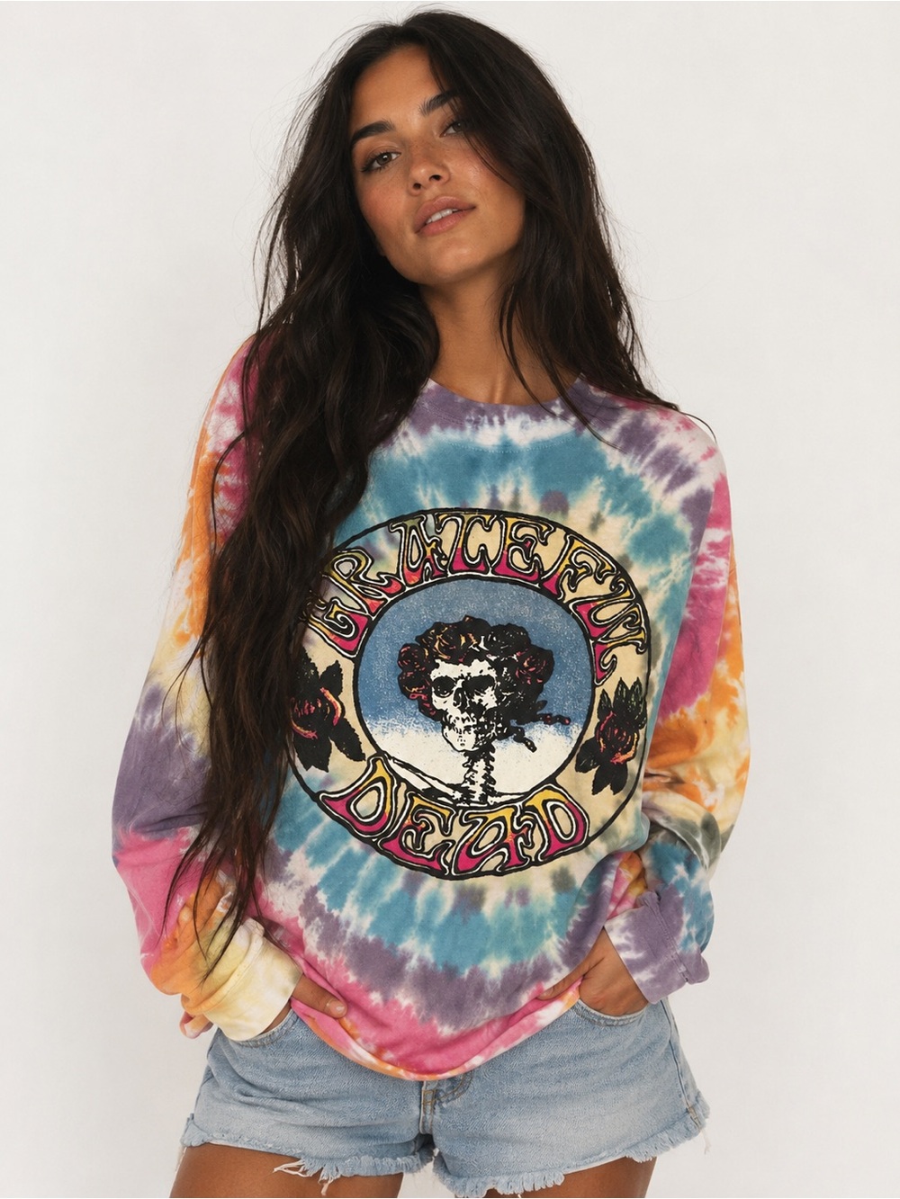 Daydreamer Grateful Dead Tie Dye Long Sleeve Tee Skull Roses Graphic Made USA S
